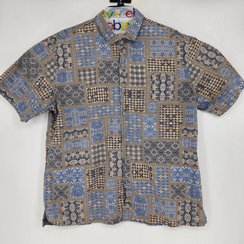 Tori Richard Shirt‎ Mens XL Geometric Button Short Sleeve Casual Blue Tribal